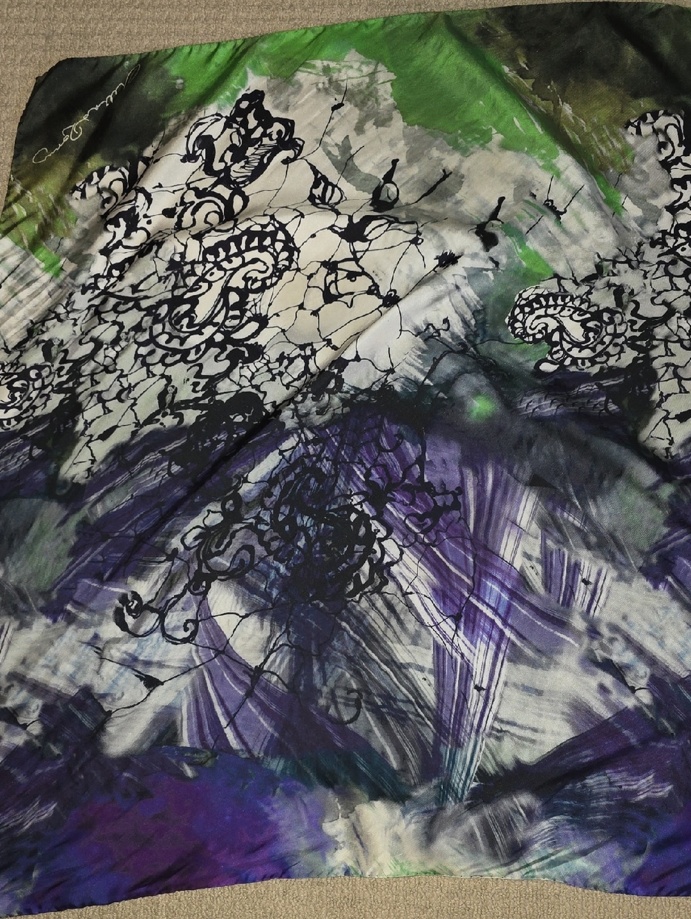 Abstract Print Silk Scarf in Purple, Green, and White